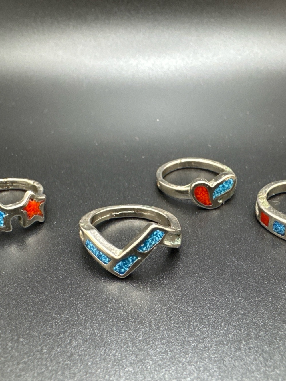 Sterling Silver Inlay Star & Teardrop Rings. Blue & Red - Picture 2 of 7